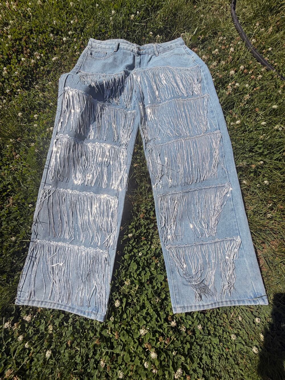Fringe Wide Leg Jeans XL 38” Waist Boho Western Statement Denim Festival Pants